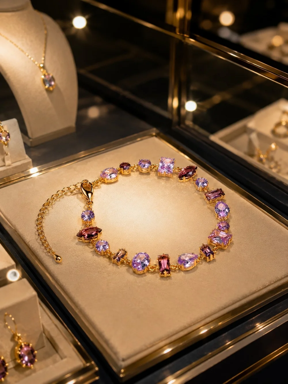 Gold Bracelet with Purple and Lavender Gemstones